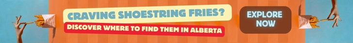 Retro-style orange and blue banner inviting people to explore shoestring fries.
