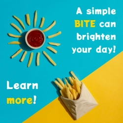 Retro-style orange and blue banner saying 'A simple BITE can brighten your day! Learn more!