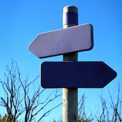 Blue traffic arrows pointing in opposite directions
